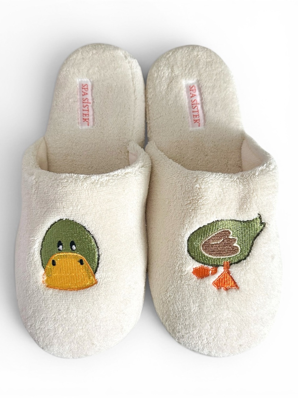 Cream Plush Slippers - Green Duck Embroidery